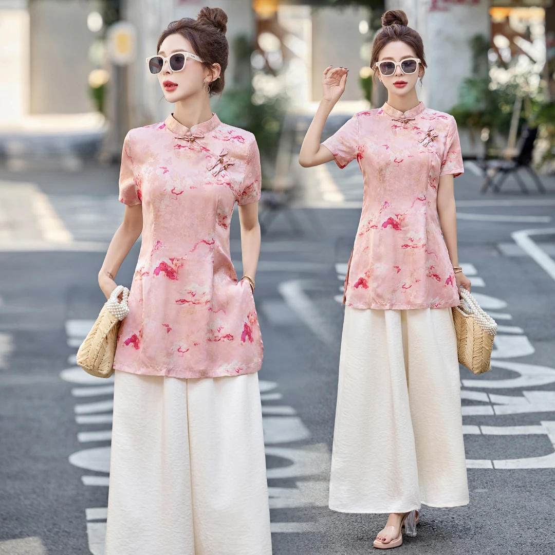 新中式国风套装短袖时尚夏季复古中式2025新款提花阔腿裤两件套