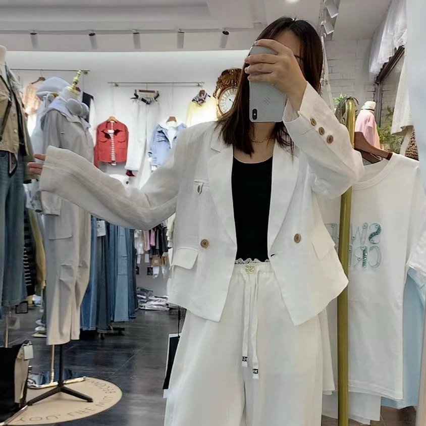 春夏新品超薄精品高档通勤麻料西服外套上衣女百搭气质款纯色简约