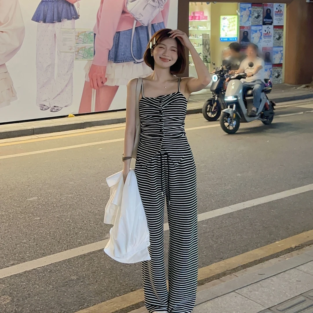 【芝士Cheese】斑马斑马夏季条纹慵懒休闲吊带气质裤子套装高腰露肩