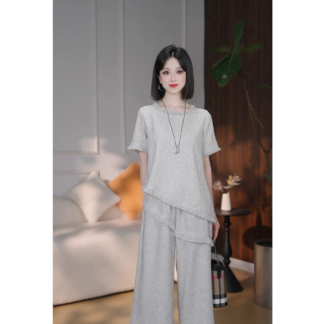 现货/善雅超显瘦 #3136宽松重工流苏上衣+长裤夏季休闲两件套