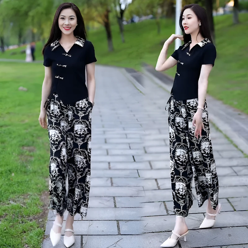 气质休闲中式套装女2025夏季新款减龄盘扣上衣印花阔腿裤两件套