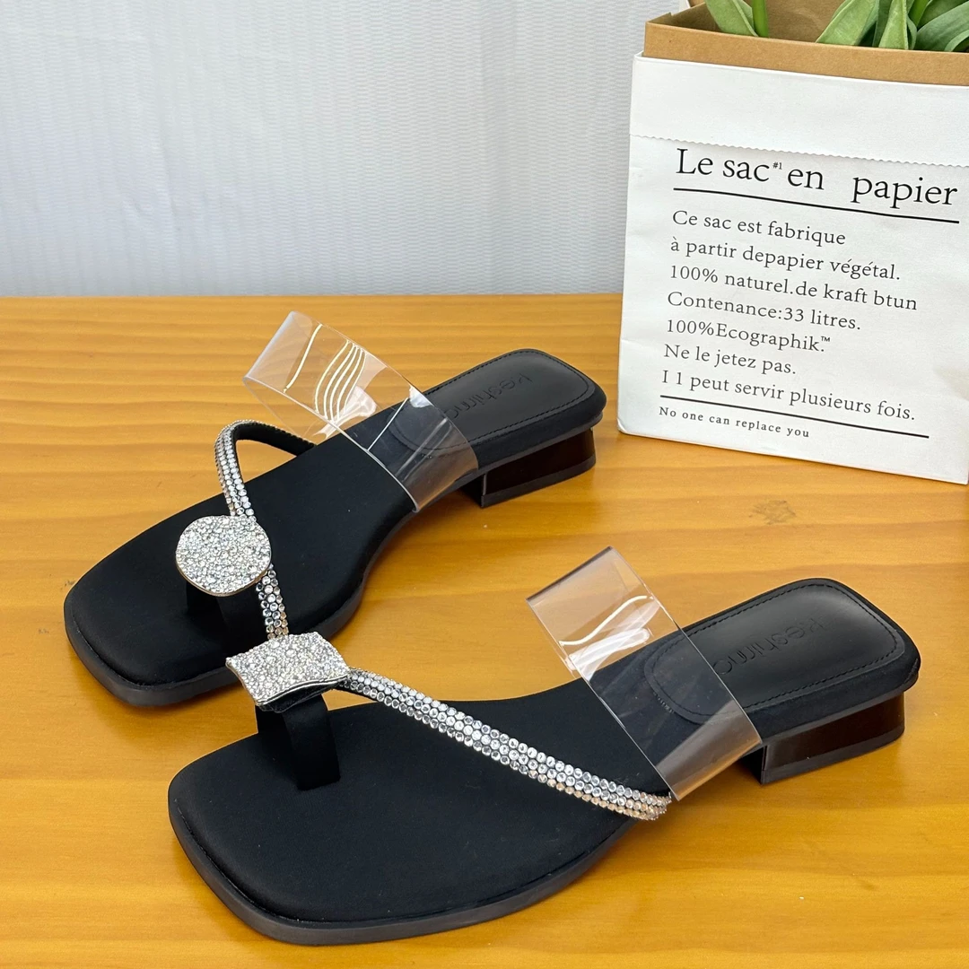 珂诗玛水钻方头粗跟沙滩黑色外穿一字型夏季平底法式凉拖鞋一字拖