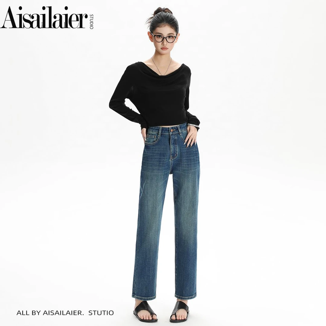 复古蓝高腰直筒牛仔裤女2025年秋季新款宽松显瘦九分小个子烟管裤