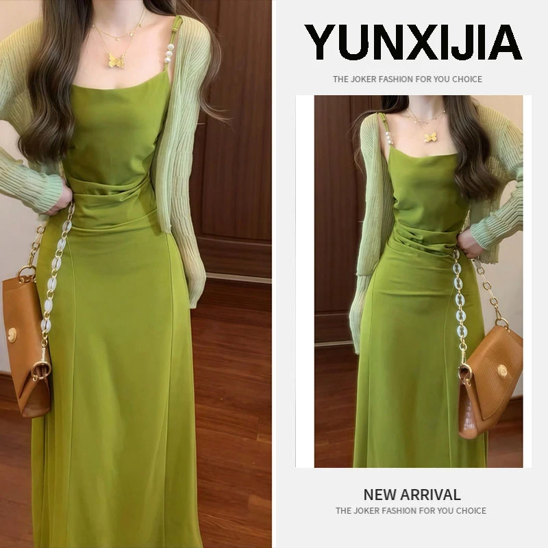 2025夏季法式v领吊带连衣裙温柔气质超好看独特开衫长裙子两件套