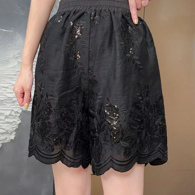 美美国风2025夏季时尚显瘦复古新中式轻奢刺绣亮片休闲短裤6730-1
