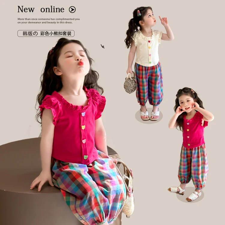 套装韩版夏季纯色女童中小童公主洋气休闲格子扣套纯棉