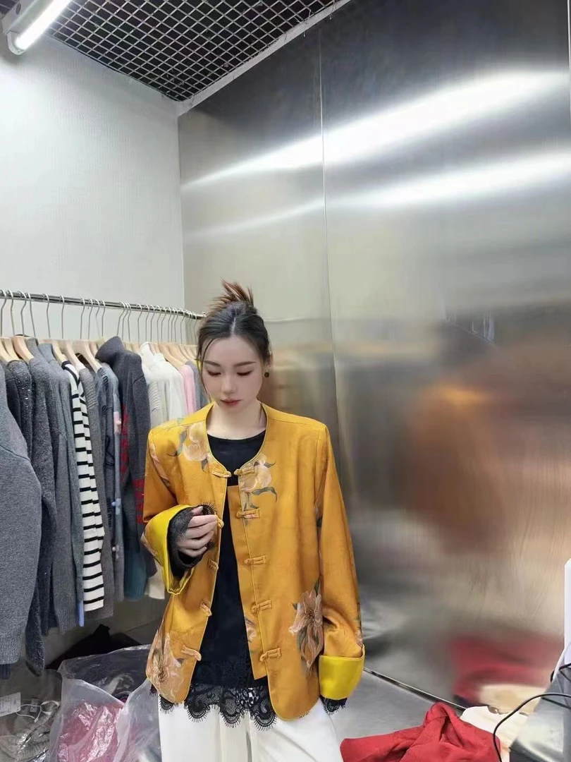 欧洲站2025春季新款新中式圆领长袖印花盘扣上衣女短外套百搭显瘦