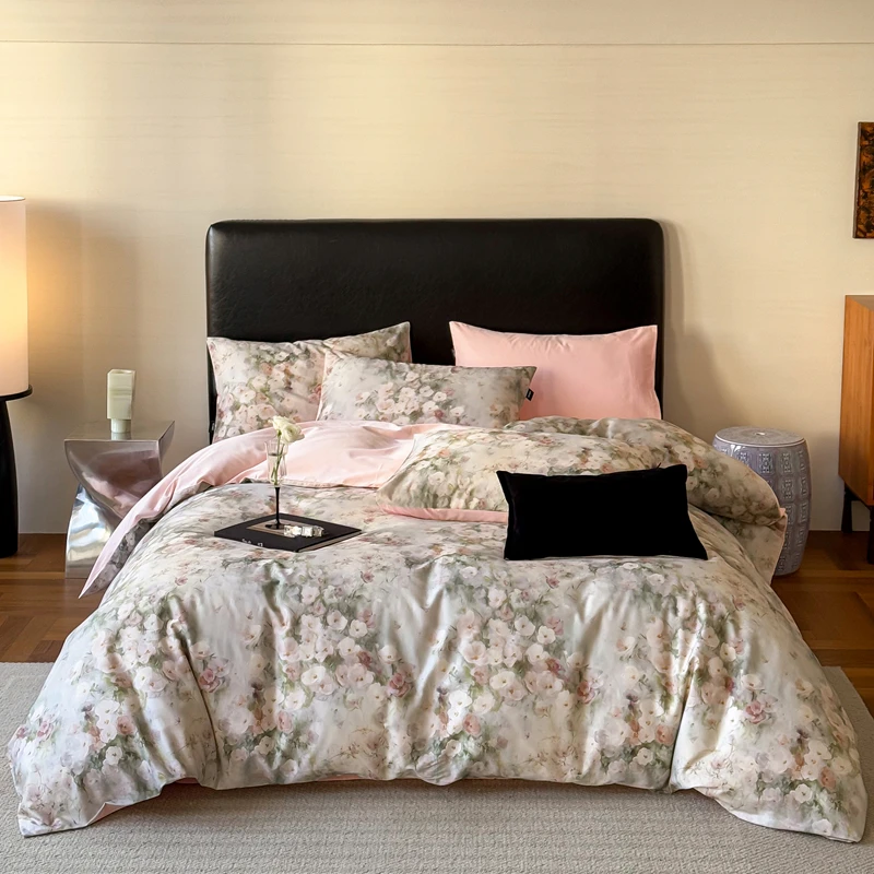 【晴美】高支高密贡缎长绒棉数码印花四件套-沐白-绿