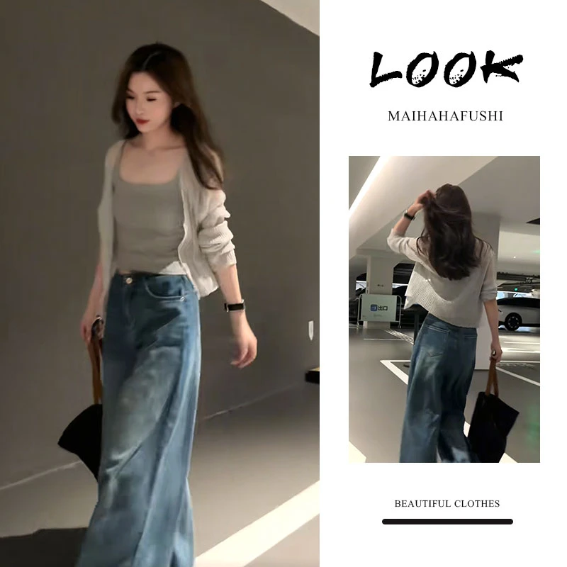 夏季一整套女装2025新款韩版薄款防晒开衫吊带背心牛仔阔腿裤套装
