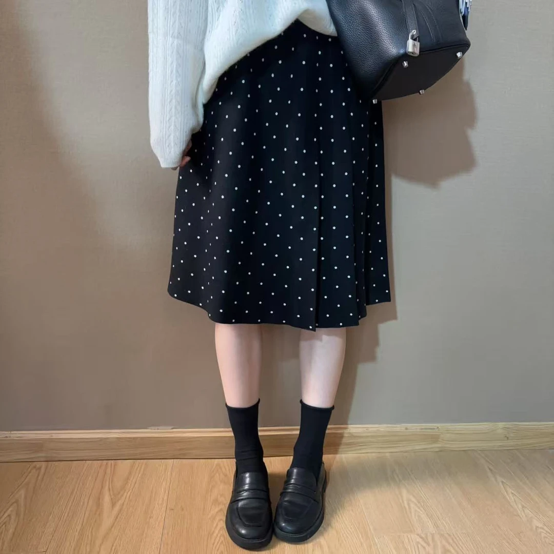 泡菜甜美气质波点褶皱半裙