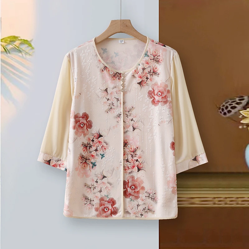 中年妈妈中袖衬衫气质大码碎花夏季四叶草提花复古薄款宽松中国风