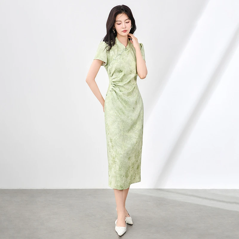 绿叶清风提花新中式国风旗袍气质连衣裙夏季日常收腰显瘦修身印花