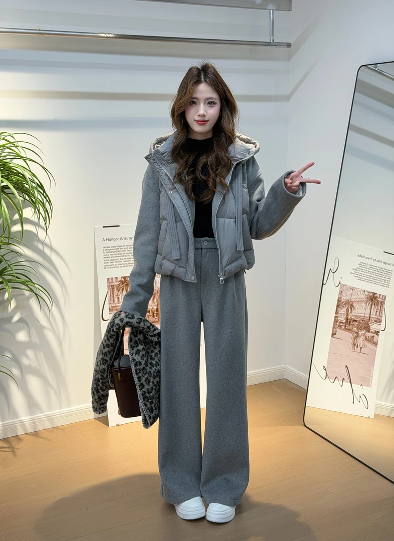 【外套+裤子】2025长款加厚设计感休闲风时尚百搭加绒加厚款连帽