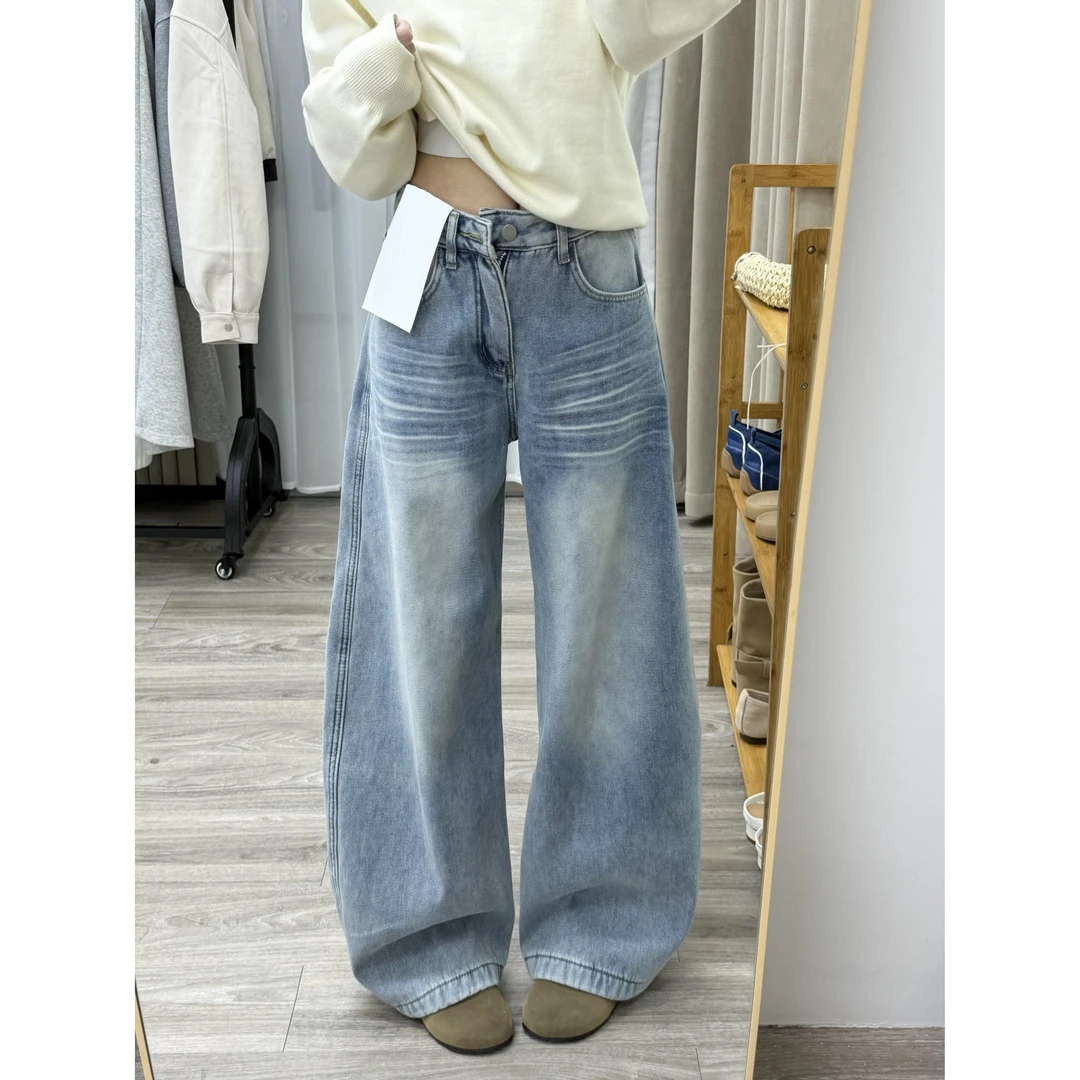 辣妹街头风复古水洗直筒牛仔裤女秋冬新款高腰显瘦宽松做旧阔腿裤