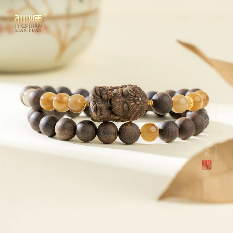 【18K】文莱沉香沉水8mm+和田玉且末糖蒙面扎基双圈手串