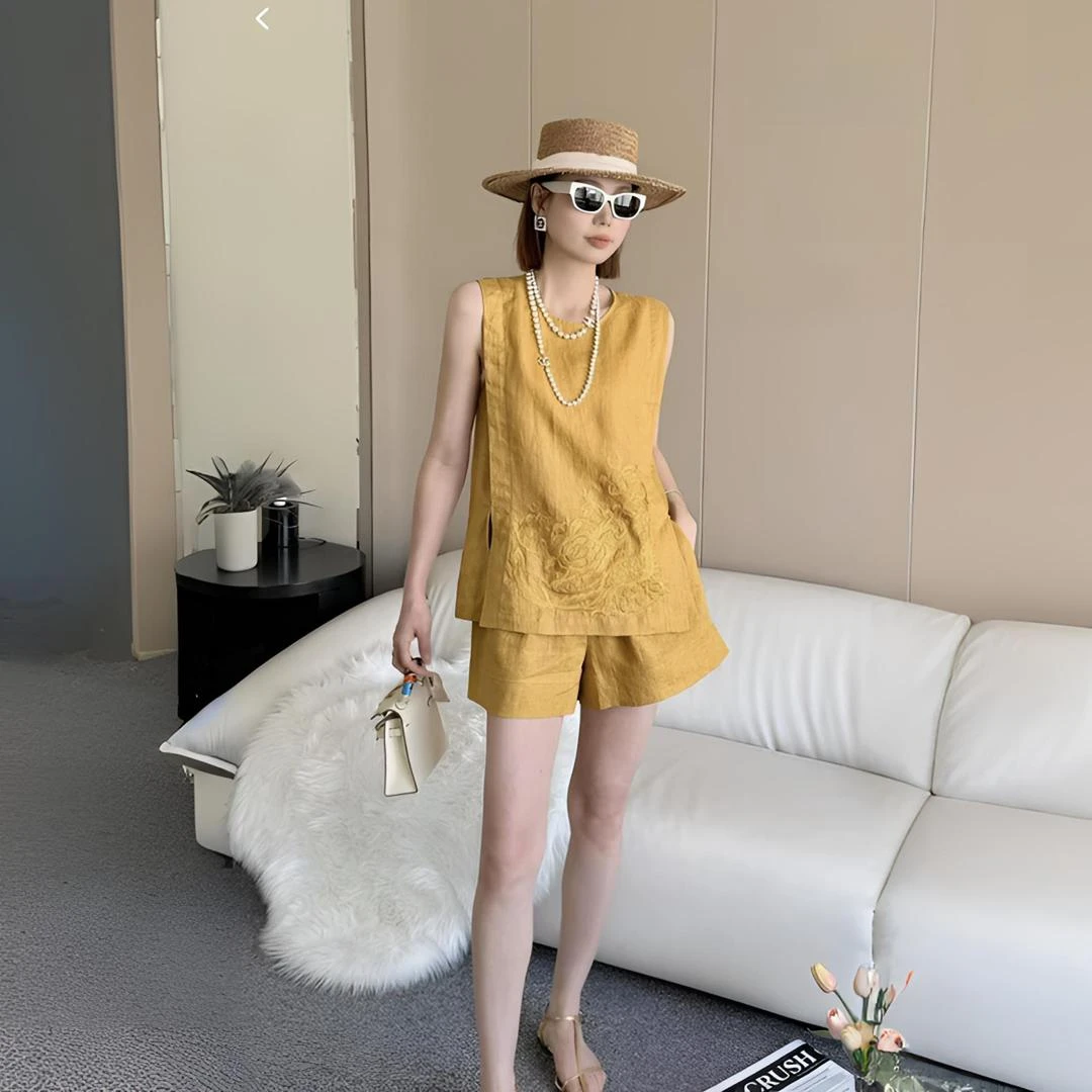 夏季气质新中式显瘦国风重工刺绣无袖衬衫减龄高腰套装