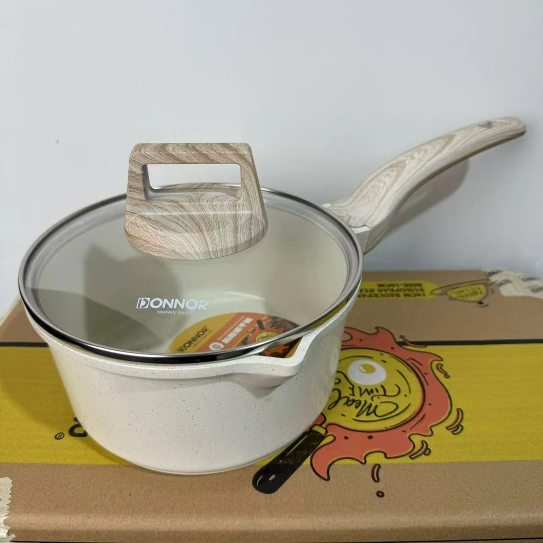 DONNOR18CM0氟陶瓷不粘奶锅带导流口不挑灶带盖
