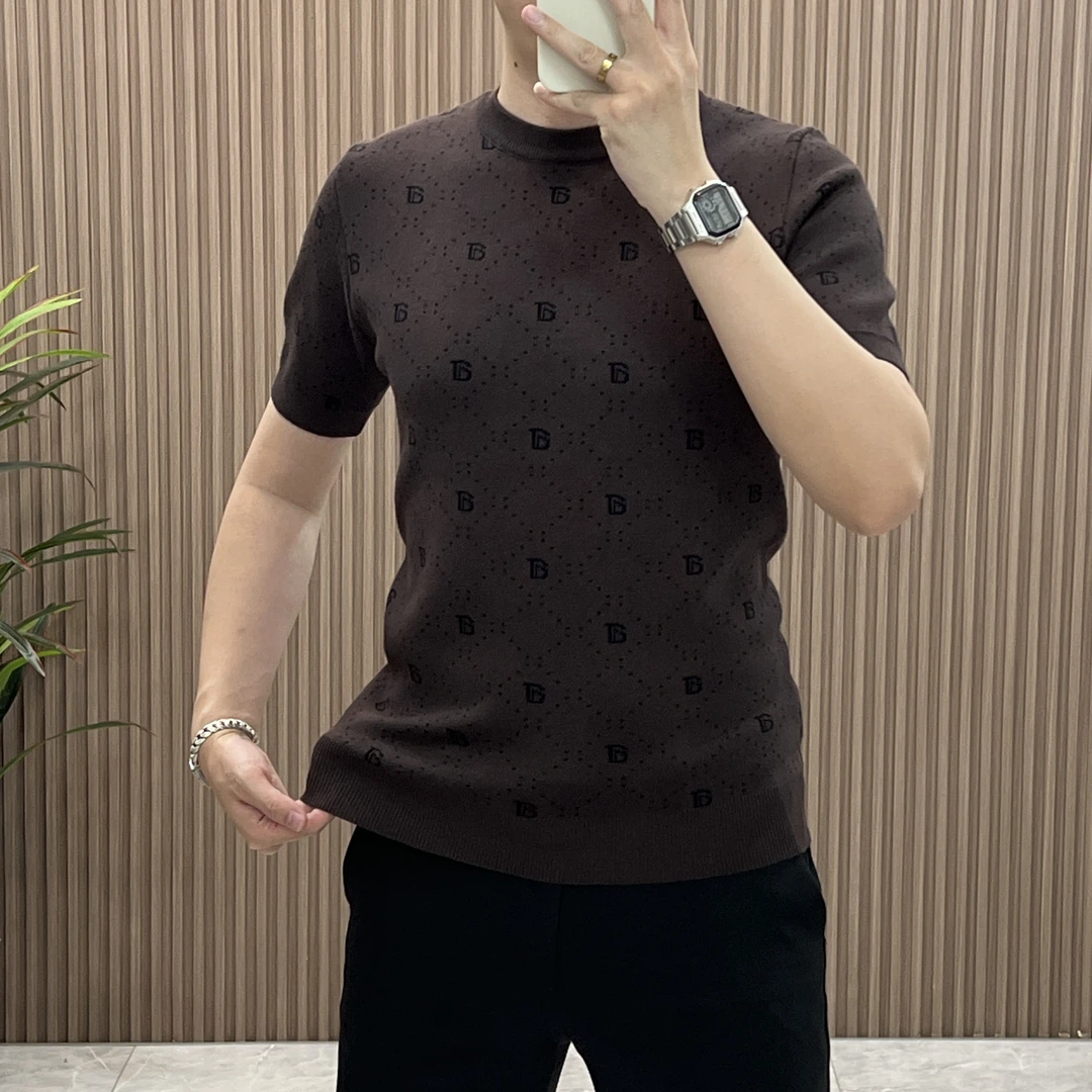 2025新款男士轻奢高级感短袖针织衫休闲修身时尚潮流圆领提花打底