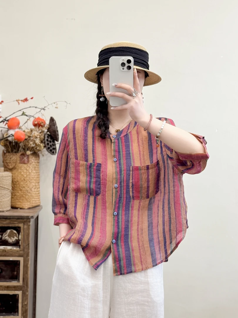 文艺复古宽松显瘦苎麻条纹衬衫百搭休闲气质上衣