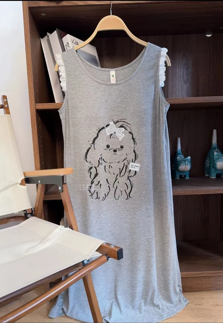 2025年新款睡裙莫代尔夏季睡衣女家居服卷毛小狗纯欲背心带胸垫