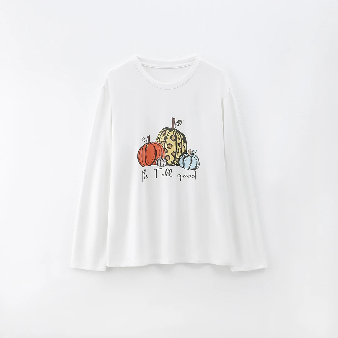 今婷【南瓜T】时尚简约卡通印花圆领磨毛长袖T恤打底衫女-M24412301