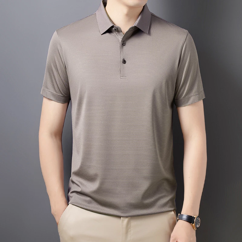 [桑蚕丝]夏季桑蚕丝男士短袖翻领POLO衫中年条纹休闲时尚百搭8803