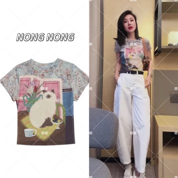 哝NONG【油画猫咪】-2025春夏新款轻薄透气复古油画猫咪短袖0692692
