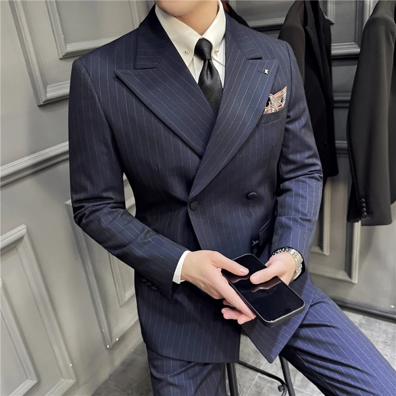 藏青色条纹厚款春季西服套装男士潮流双排扣戗驳领双排扣西服西裤