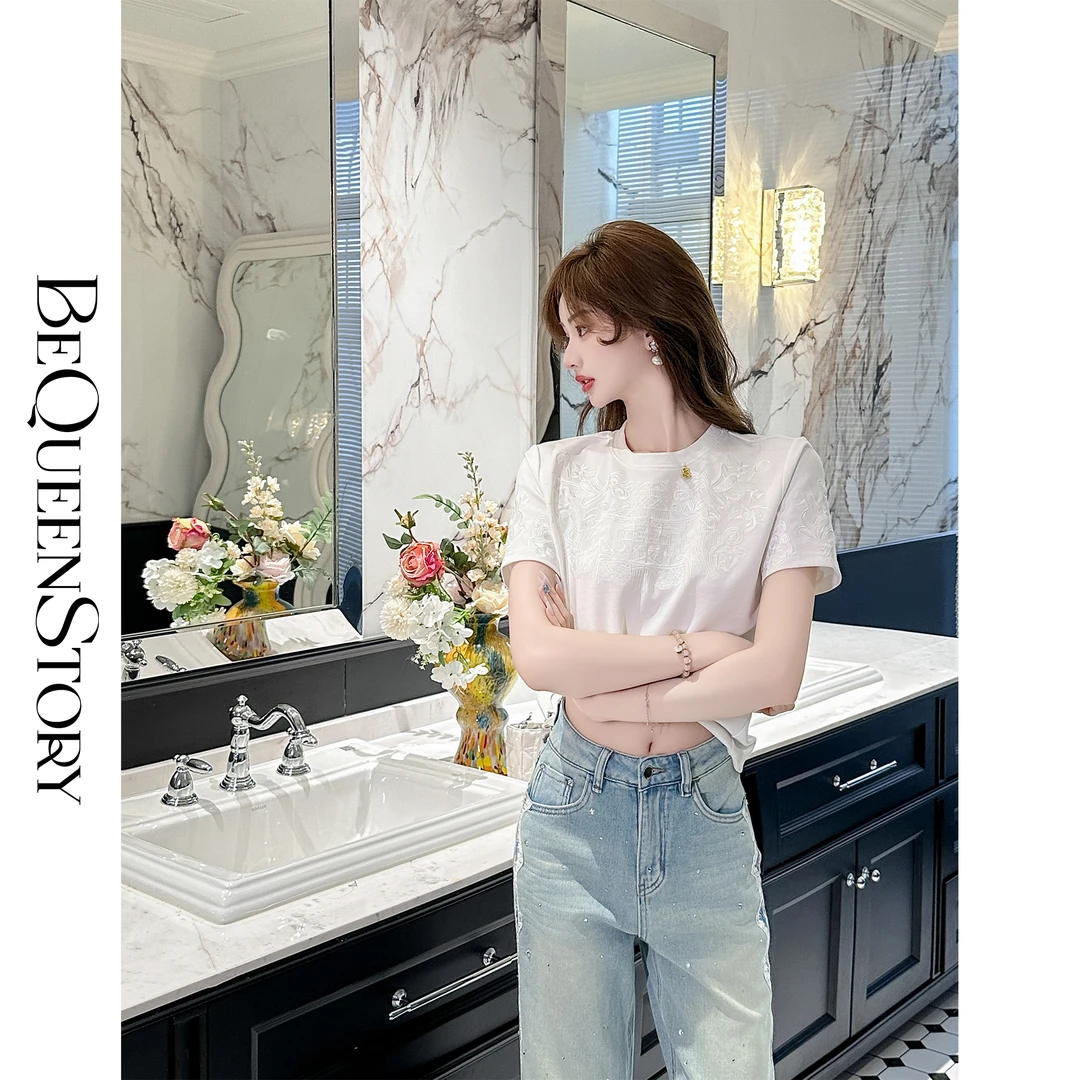 BeQueenStory【秀春山】重工艺刺绣高达17万针透气中式圆领T恤