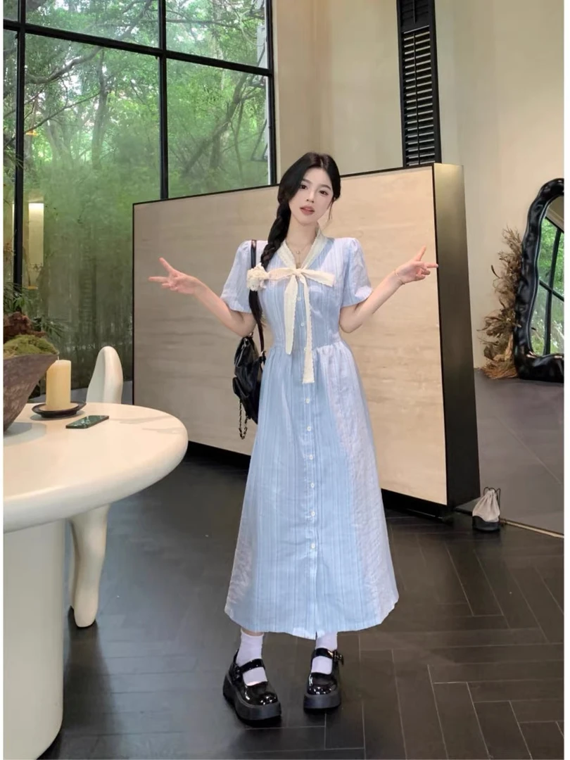 大码法式休闲条纹连衣裙女夏季蝴蝶结短袖裙子胖MM遮肚显瘦a字裙