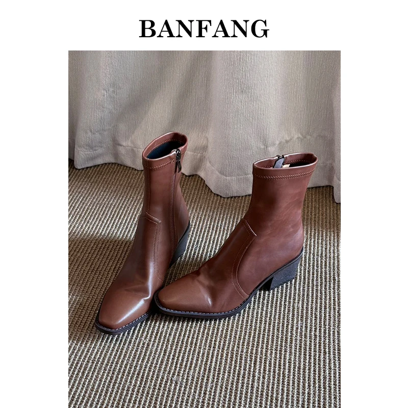 BANFANG6.5CM时装靴真皮高跟女靴方头秋冬瘦瘦靴时尚女靴百搭女鞋