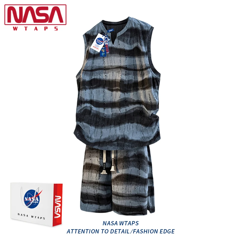 NASA WTAPS条纹扎染破洞小V领休闲套装男款夏季无袖T恤短裤两件套
