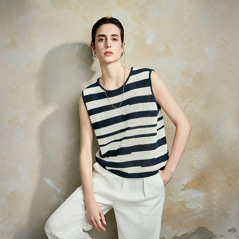 初棉【上新】夏季棉麻休闲外穿粗织条纹无袖宽松背心362635019