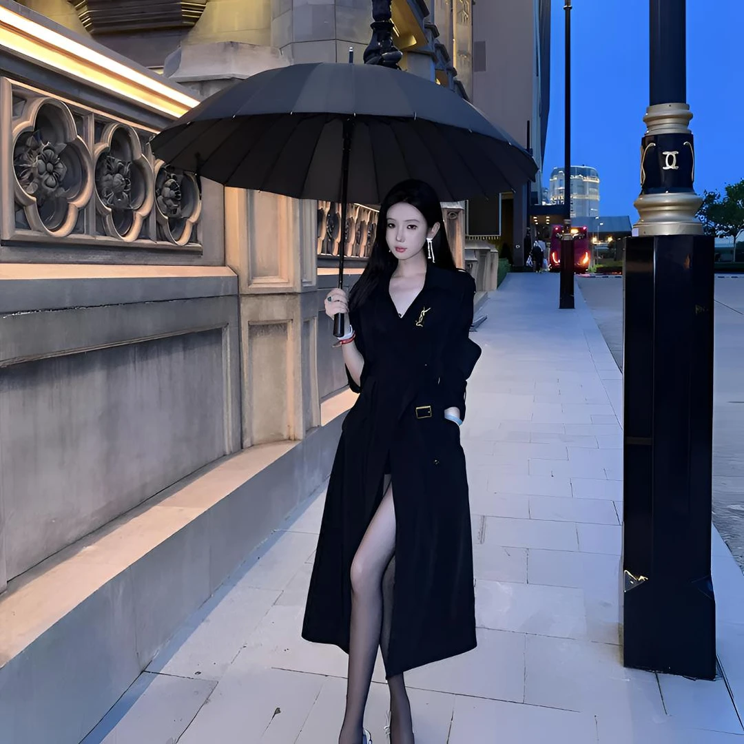 【雅乔定制】冷艳禁区 高级感时尚黑色中长款风衣外套DYYK-25052441