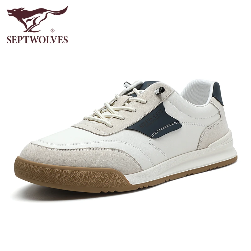 七匹狼复古真皮休闲鞋百搭增高运动白色板鞋2025秋季一脚蹬潮鞋男