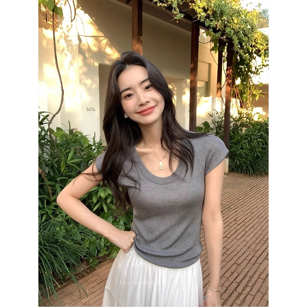 pusumede U领短袖T恤女韩系修身气质显瘦小飞袖百搭短款针织上衣