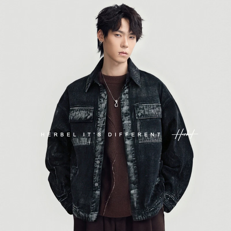 HERBEL/黑白2025休闲男士保暖短款百搭复古做旧羽绒服