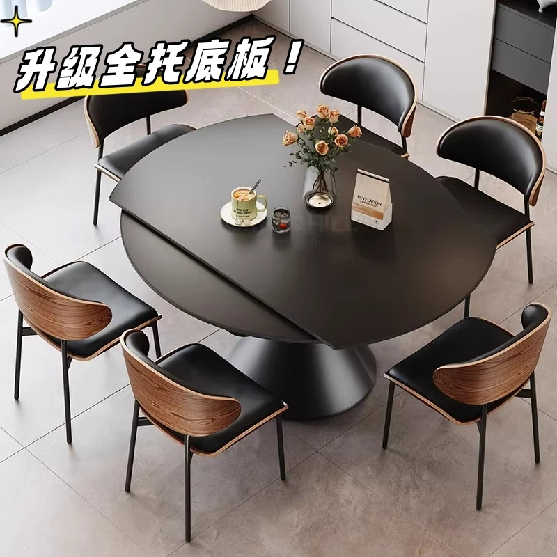旋转可伸缩餐桌黑色岩板圆桌意式极简复古轻奢小户型家用2025新款