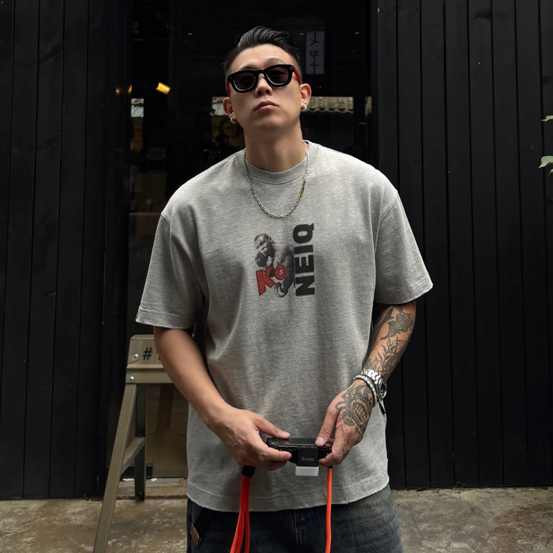 郑郑郑NEIQ水洗做旧磨边数码水印泰森印花重磅纯棉T恤休闲宽松