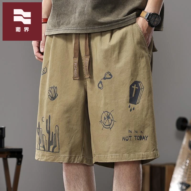 重磅工装短裤男宽松直筒中裤图案印花设计感涂鸦痞帅休闲五分裤潮