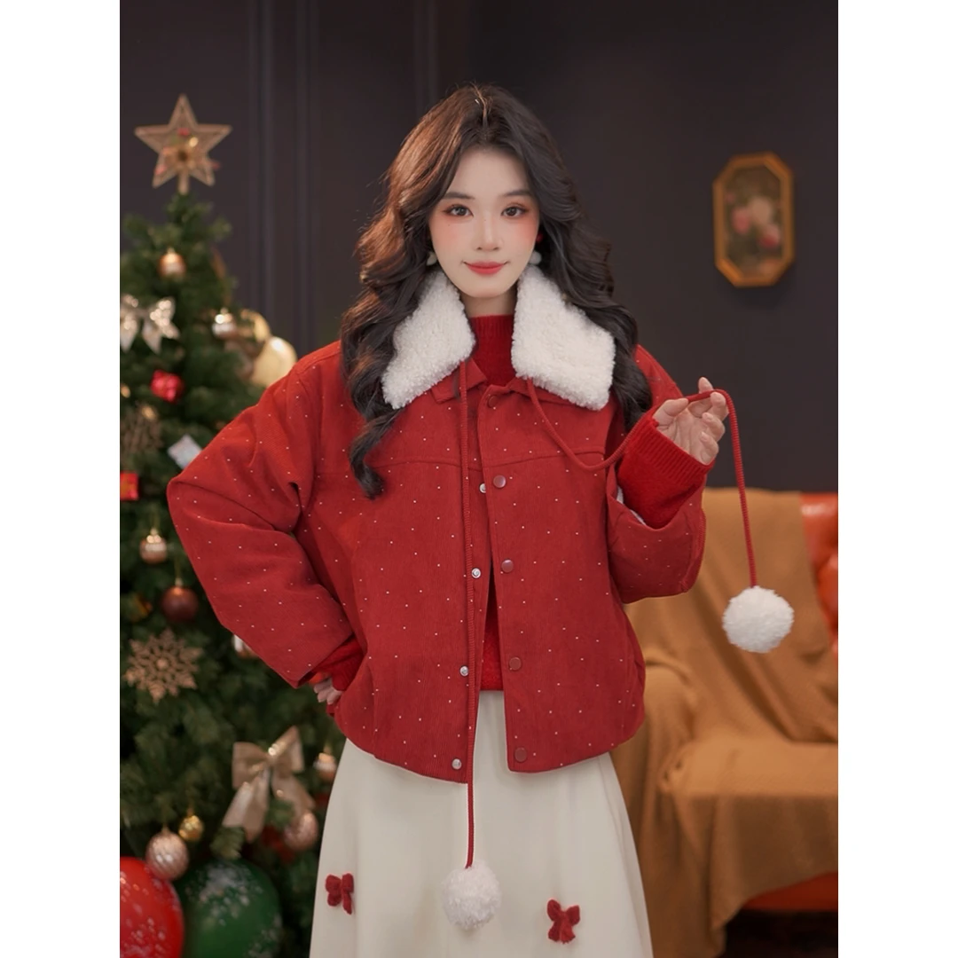 DaYuanSAD婉儿新年红色翻领毛绒夹克女冬季百搭圣诞短外套#K10333