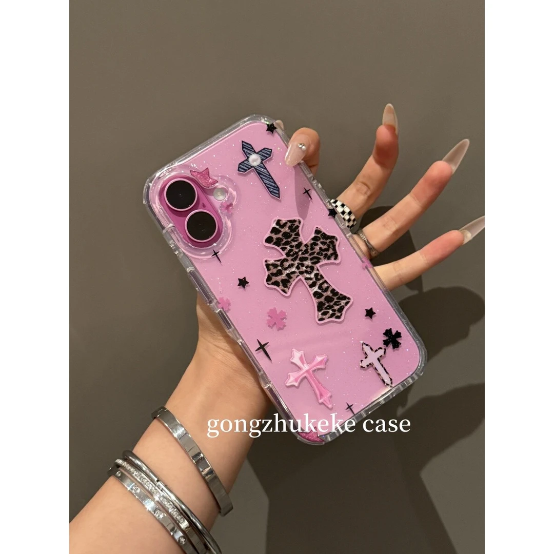 甜酷风个性细闪豹纹十字架适用于iPhone16Promax手机壳苹果15/14