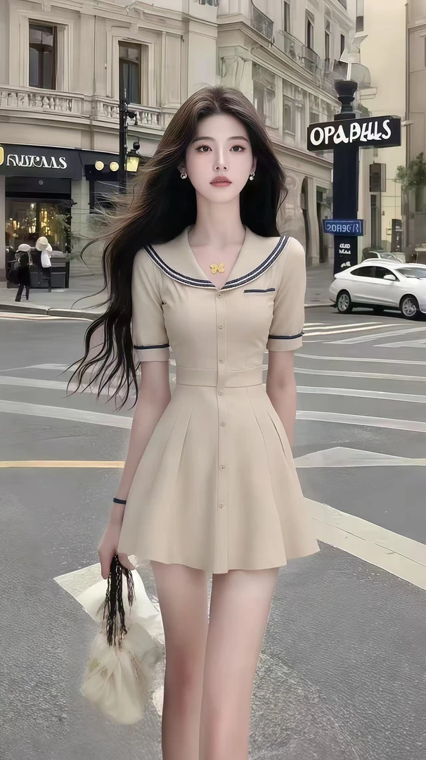 温柔知性风氛围感亚麻色V领短袖修身收腰连衣裙女时尚气质高级感