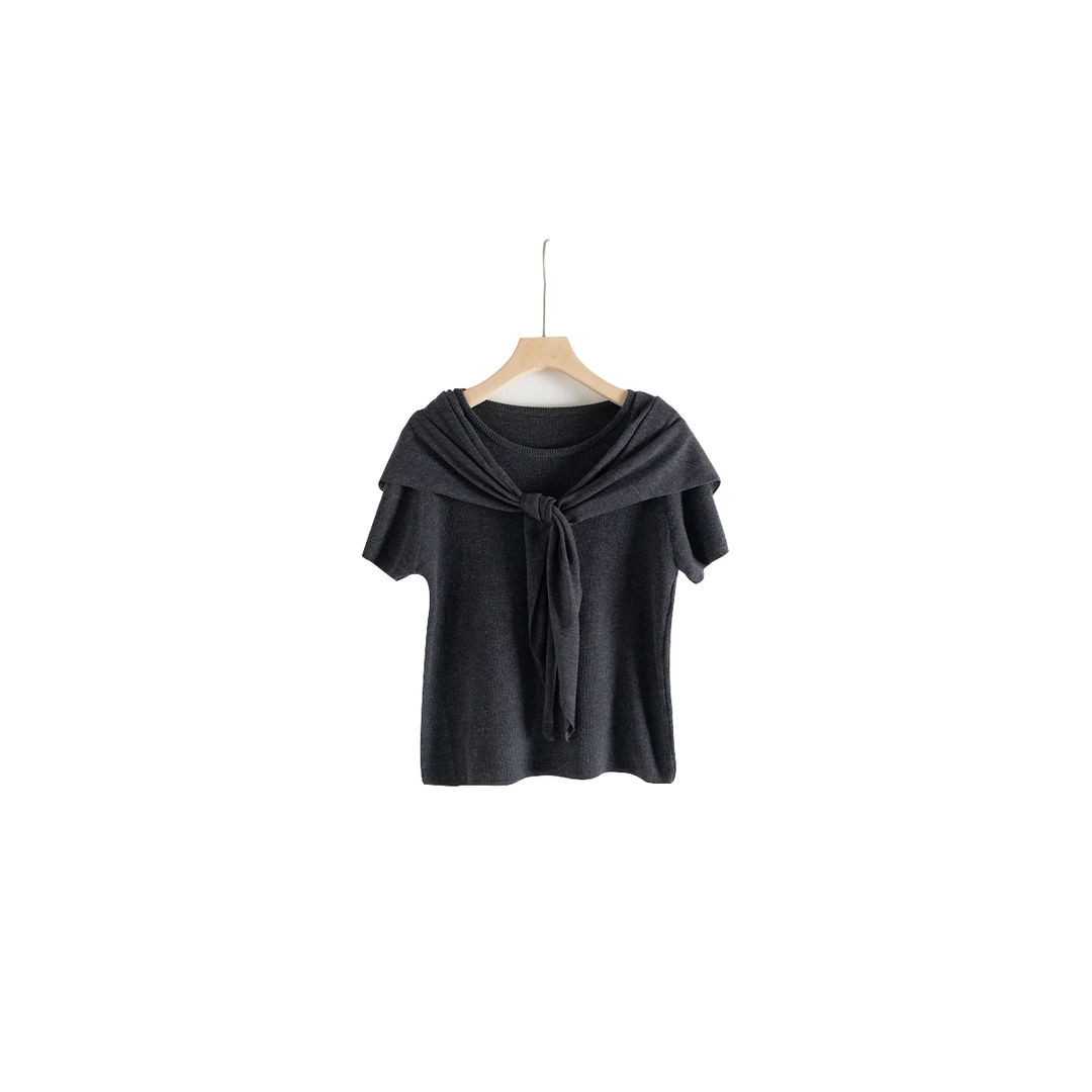 简约随性风短袖针织衫春夏装韩系正肩T恤上衣设计感披肩套装60049