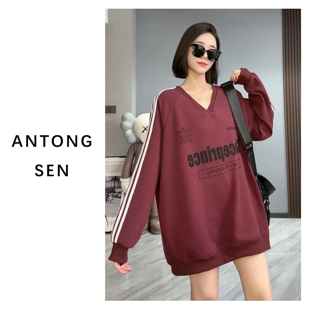 【安童森定制】时尚V领卫衣新款潮牌宽松慵懒风长袖上衣8099