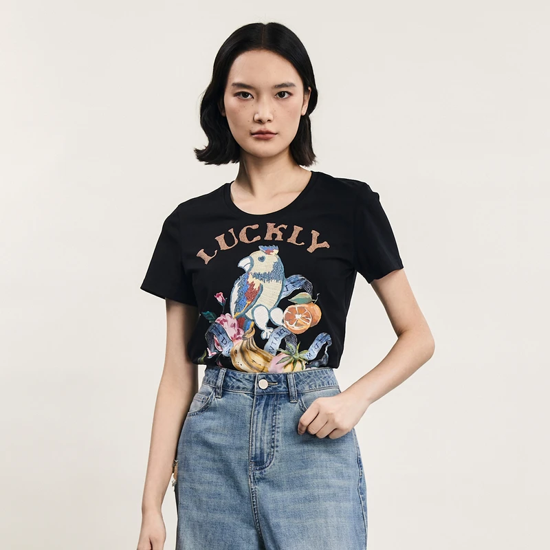 谜底印花T恤短袖女2025夏季新款复古百搭圆领修身上衣256MT6260