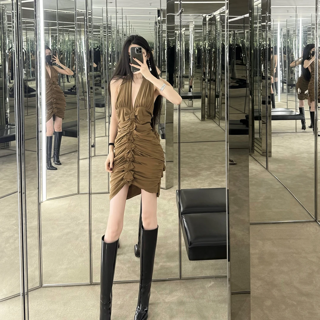 FBB limit手工不规则褶皱木耳边性感深V挂脖连衣裙御姐女D251150E