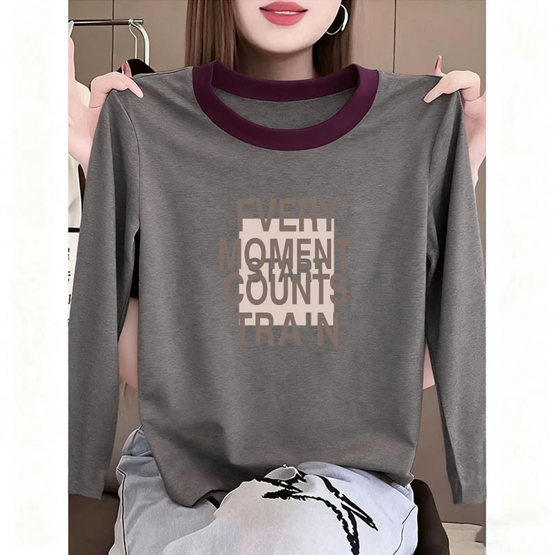 2025爆款彩色领口拼色长袖t恤女韩版显瘦时尚洋气紫拼深灰色上衣