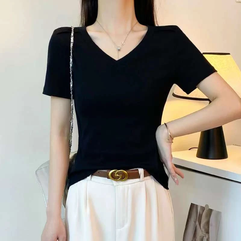夏春秋白色V领鱼骨短袖t恤女春夏修身显瘦设计感打底衫内搭上衣潮