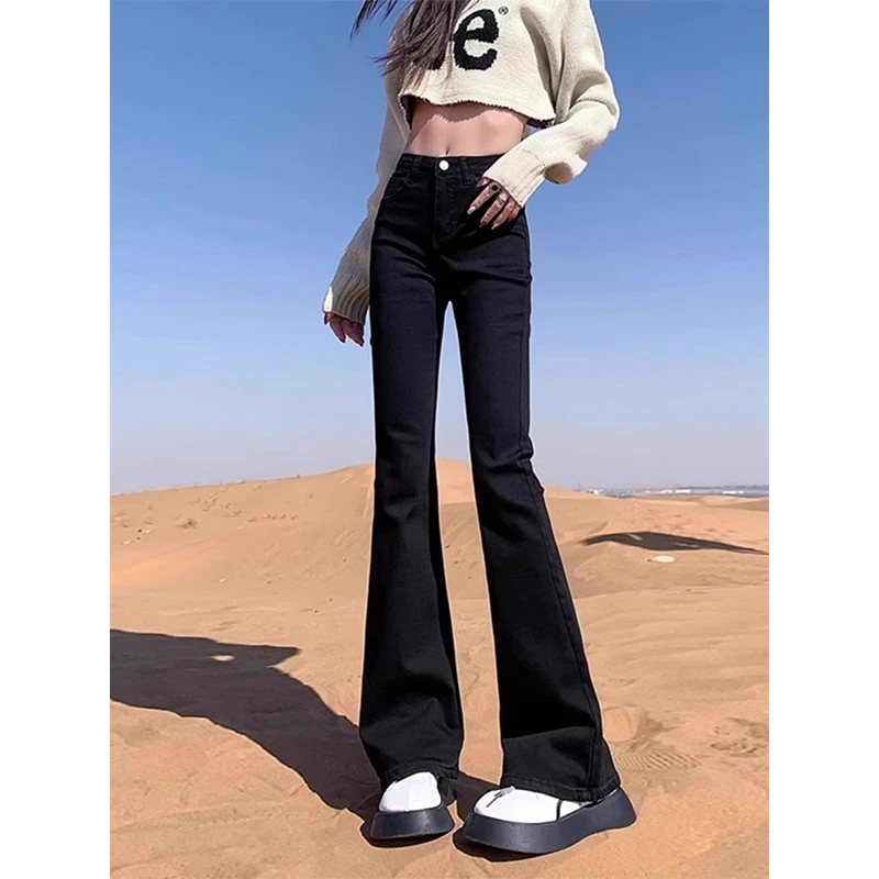 黑色微喇牛仔裤女2025年新款夏季薄款高腰显瘦弹力小个子喇叭裤子